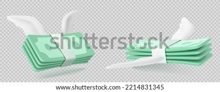 Flying stack of money with white wings, 3D vector illustration png on transparent background. Concept of financial loss, spending, banking loan payment, inflation and growing prices, easy income
