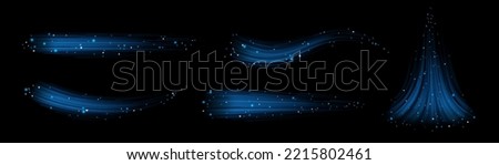 Fresh or frosty air flow set isolated on black background. Realistic vector illustration of abstract neon blue waves with sparkles. Cold wind blowing in winter. Magic power, light speed effect design