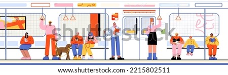 People inside of train or subway. Men, women and kids reading book, listen music, sit and stand with pets in metro wagon. Underground railway commuter with passengers, Linear flat vector illustration