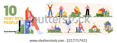 Set of very rich people with lots of money isolated on white. Flat vector illustration of successful characters sitting, lying on piles of cash, throwing dollar banknotes in air. Lucrative business