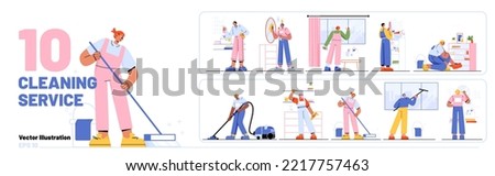Set cleaning service team work at home or office. Janitors in uniform housekeeping with tools, clean living room and bathroom. Professional company workers cleanup, Linear flat vector illustration