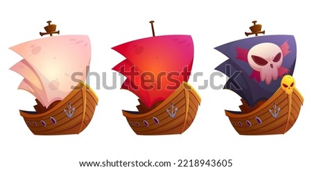 Vector sail boats with white, red and black sails. Pirate ship with black canvas and skull. Cartoon set of old wooden ships, vintage galleons isolated on white background