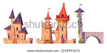 Old medieval castles with stone brick walls, wooden gates, arch, towers, windows and flags on roof. Fantasy kingdom houses isolated on white background, vector cartoon illustration