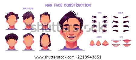 Asian man face construction cartoon set isolated on white background. Vector illustration of different male character eyes, nose, mouth, hairstyle for avatar creation. Game design elements