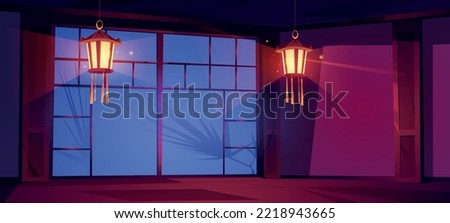 Japanese room night interior, japan home or dojo in traditional asian style with glowing lanterns, tree shadow on bamboo door and wooden floor. Dark oriental living place, Cartoon vector illustration