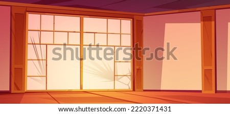 Japanese room interior, japan home or dojo in traditional asian style with bamboo door and wooden floor. Empty oriental living or training place. Cartoon background for game, vector illustration