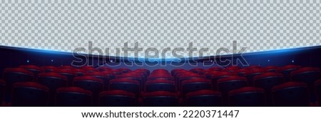 Cinema hall with audience seats and blank panoramic screen with transparent background. Template of movie theater auditorium interior with rows of red chairs, vector cartoon illustration