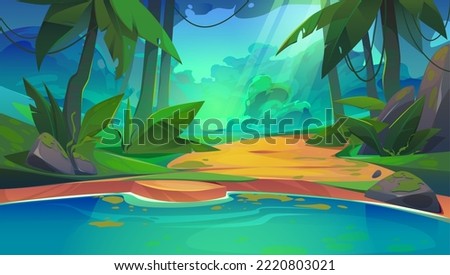 Tropical jungle forest swamp or lake cartoon natural landscape. Game background with blue water pond, palm trees, rocks and sunlight falling on ground. Wild deep rainforest, vector illustration of