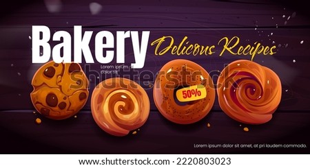 Bakery shop promo banner, social media ads. Price off promo template design for bread or bake house production with chocolate cookie, buns or bagel, pastry advertising, Cartoon vector illustration