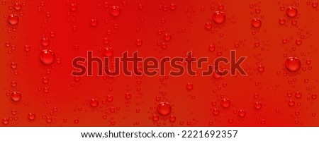 Water drops on red background. Realistic bubbles of soda drink or condensation abstract texture. Transparent aqua random droplets pattern on bright scarlet color surface 3d vector design, illustration