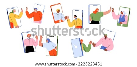 People on phones give high five. Video call or mobile chat conversation. Friends hit the palms on smartphones screens in chat messenger. Online distant communication, Linear flat vector illustration