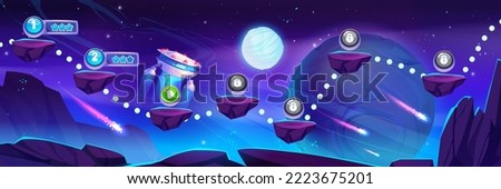 Space game level map with ufo saucer fly over the rock platforms on alien planet landscape. Cartoon computer or mobile arcade with bonus items. Cosmos, universe futuristic location, vector background