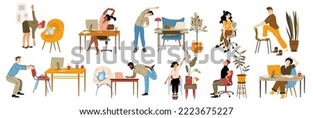 Office employees exercise at work, stretch near the desk isolated set. People practicing workout at workplace doing squats, leans and lunges enjoying break, Cartoon linear flat vector illustration