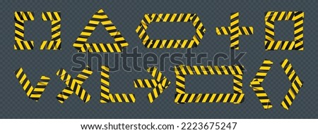 Barrier tape patches signs set. Tick mark, arrow, cross, square and triangle, rectangle, plus shapes. Isolated adhesive safety scotch with black and yellow stripes, Realistic 3d vector illustration