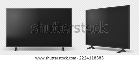 Realistic tv set isolated on transparent background. Flat television with black screen. Modern stylish lcd panel, Large blank display mockup. Graphic design element for catalog. 3D Illustration