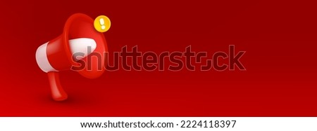 Loudspeaker, megaphone on red background. Announce, attention or alert banner with red and white loud speaker with exclamation point and copy space, vector 3d illustration