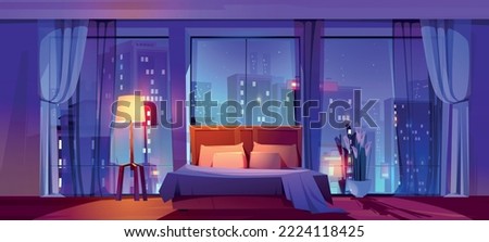 Bedroom interior in modern apartment with city view. Empty room with bed, floor lamp, flowers, curtains and panoramic window with cityscape view at night, vector cartoon background