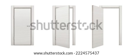 White wooden door for front entrance or inside house, apartment or office. 3d wood door with handle and frame in open, closed and ajar position, vector realistic set isolated on white background