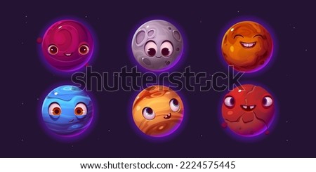 Cute planets cartoon characters, fantasy ui space game cosmic objects set. Different colorful galaxy or universe personages with funny smiling faces, craters and textured surface, Vector illustration