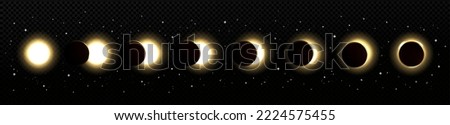 Solar eclipse in different phases. Cosmos with moon and sun in total and partial solar eclipse and stars isolated on transparent background, vector realistic illustration