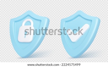 3d render shield with padlock and tick sign. Concept of privacy, good password, secure data protection, computer or phone access security, verification system Illustration in cartoon. 3D Illustration