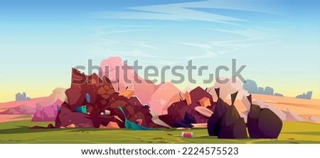 Landfill, environmental pollution concept with pile of unsorted garbage on nature landscape background. Messy wastes, rubbish, junk and dump, hazardous littering, Cartoon vector illustration