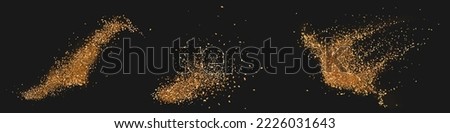 Brown splashes of sugar, granulated coffee, cosmetic powder or eyeshadow. Gold flying glitter explosion, golden dust and spark particles or shimmer burst. Sparkling sequins texture 3d vector effect
