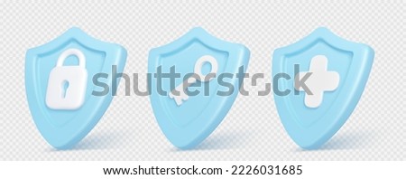 Icons of 3d shields with signs of plus, padlock and key. Concept of business protect, defense, privacy guard, medical insurance. Safety badges, vector set isolated on transparent. 3D Illustration