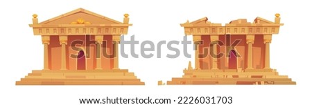 Set of preserved and ruined ancient building facade isolated on white background. Cartoon vector illustration of antique Greek or Roman temple with columns and stairs. Historic architecture landmark