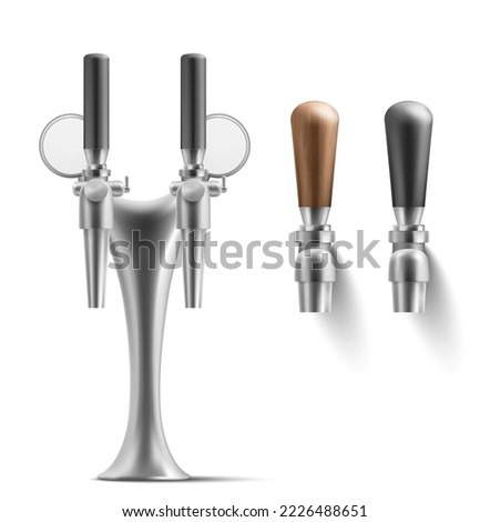 Set of beer taps isolated on white background. Realistic vector illustration of bar or pub equipment. Steel valves for releasing alcoholic beverages with wooden and plastic handles, space for branding