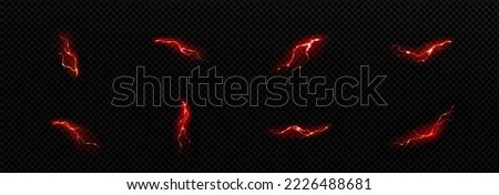 Lightning, electric thunderbolt strike, red impact, crack, magical energy flash. Powerful electrical discharge during night storm, isolated on transparent background, Realistic 3d vector bolts set