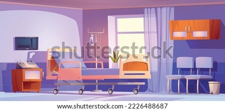 Single patient ward in modern private clinic. Cartoon vector illustration of inpatient room interior with comfortable hospital bed, chairs and medical equipment. Health care and rehabilitation service
