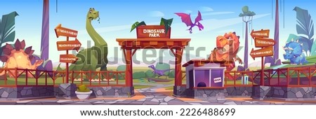 Dinosaur park with cute animals of jurassic era. Tropical landscape with dino garden with wooden arch, signboards, fence and cashier booth, vector cartoon illustration