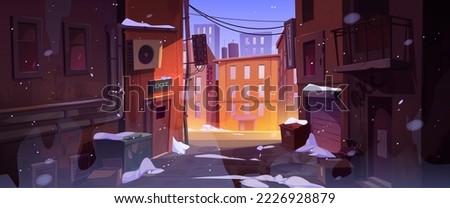 Rain at dark city corner, dirty nook puddles, back exit door, litter bins and scatter garbage, narrow backstreet with old buildings and view on rainy town landscape, Cartoon vector illustration