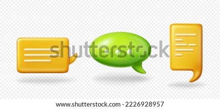 Set of 3D speech bubbles isolated on transparent background. Vector illustration of rectangular and round yellow and green chat message clouds. Communication symbols. Messenger app design elements