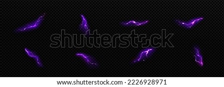 Lightnings, purple thunderbolt strikes at night. Electric impact effects, thunderstorm sparking discharges isolated on transparent background, vector realistic illustration