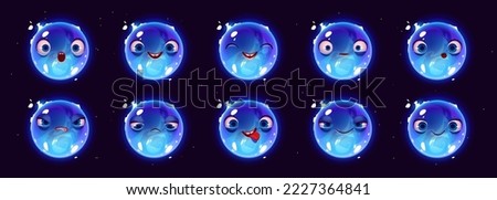 Blue supergiant star character with different facial expressions. Icons with emotions of funny alien planet in outer space. Water drop character isolated on black background, vector cartoon set