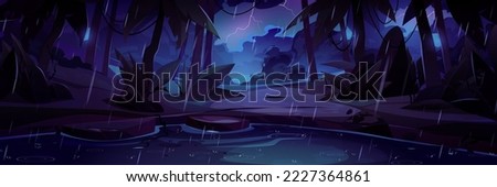 Tropical rain in night jungle forest with swamp or lake under thunderstorm shower and lightnings natural landscape. Game background with pond and palm trees in darkness, Cartoon vector illustration
