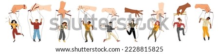 Puppet people controlled by puppeteer hand set on white background. Vector illustration of flat characters with strings tied to arms and legs. Manipulation, abuse, dependence on toxic relationship