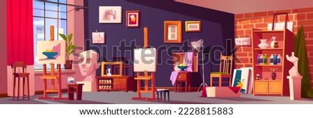 Art studio interior, artist workshop room with stuff and furniture. Picture on easel, canvas, cupboard with paints, still life composition, plaster head and figure, frames, Cartoon vector illustration