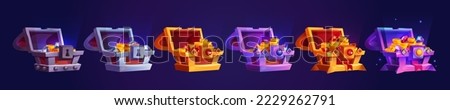 Game icons of treasure chests with pile of money and gems. Open fantasy metal, silver, gold and rare trunks with golden coins and gemstones, vector cartoon set