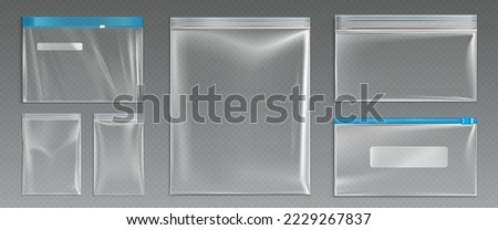 Plastic ziplock bags, empty zip pouches. Isolated waterproof disposable blank polythene packages or envelopes mock up on transparent background, Realistic 3d vector illustration, clip art, set