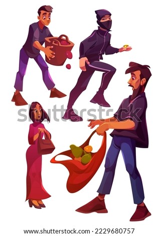 Cartoon characters, male and female personages thief with gold ring, men with fruit basket and grocery bag, surprised or shocked woman with open mouth isolated on white background, Vector illustration