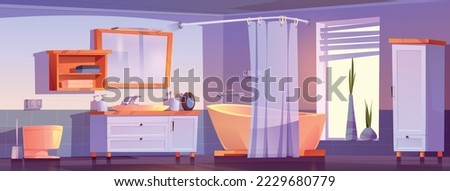 Bathroom interior, modern bath room with tub, sink, toilet bowl, mirror and furniture. Apartment household background for game, cozy home or hotel shower area, Cartoon vector illustration