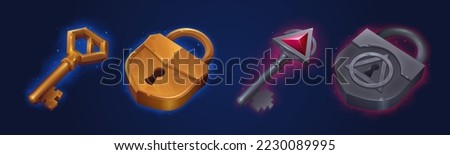 Game keys and locks ui icons, loot box gamer assets. Bronze and iron skeleton keys and padlocks. Cartoon graphic design elements with mysterious glow for rpg, quest or arcade, Vector illustration, set