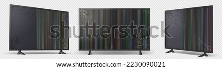 Broken tv set isolated on transparent background. Flat television with damaged screen front and angle view. Old lcd plasma display mockup. Graphic design elements, Realistic 3d vector. 3D Illustration