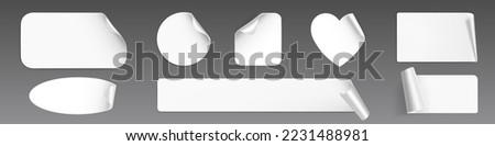 White stickers, peeling off paper labels circle, square, rectangle and heart shape. Blank sticky notes, adhesive tags with curl corners isolated on background, vector realistic background