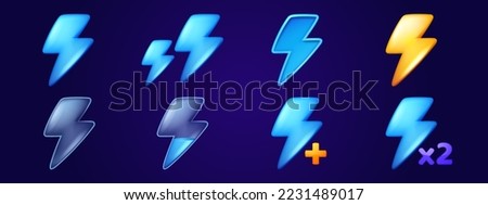 Set of lightnings game fill progress score or level elements, full and empty flash bolts, user Ui or gui status icons of health, energy and resource for pc or mobile app, Cartoon vector illustration
