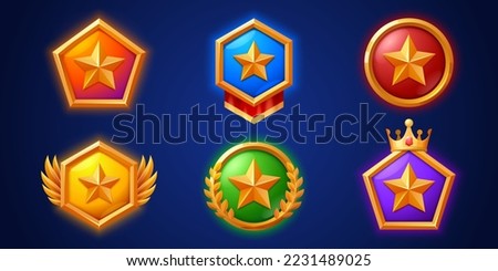 Game level icons, medals, stars, ui badges with wings, laurel and golden crown. Isolated gold award trophy for user experience and ranking. Bonus, reward, achievement and prize for rpg vector set