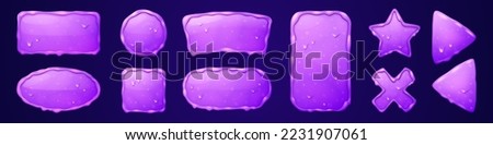 Set of purple sticky slime frames isolated on background. Cartoon vector illustation of rectangular, square, round, oval, triangle, star, jelly borders with viscous mucus texture, melting substance